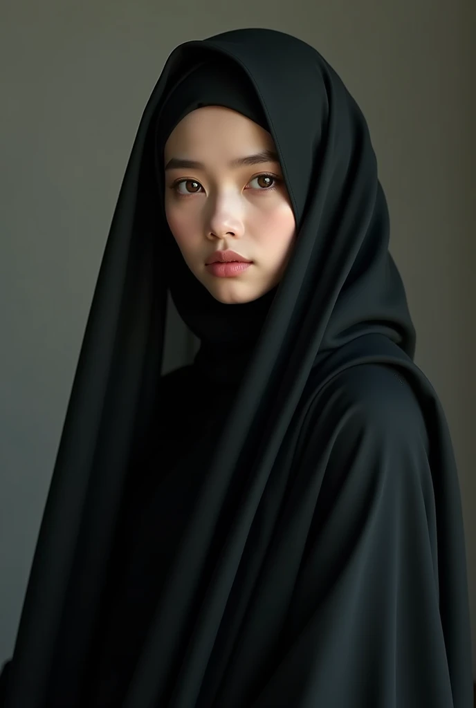 A beautiful girl wearing hijab with niqab and borka all black. An Asian girl with the pearl coffee color eyes everything is covered with out eyes a niqab not mask remove the mask her forehead is also covered make this girl a white brown color skin