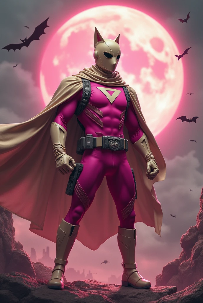 Malaysia man in high-tech suit, vivid effects, malaysian superhero(( (KELUANG MAN)) in a striking pink and brown beige costume cyberpunk design((, mask small mini bat ear beige,))(( daredevil batman mask biege))jumpsuit dark pink stands confidently in a dramatic.jumping from high place.hero costume.one hand rise up. (Big triangle logo on the chest.high detail Punisher logo on the chest)). jumping from hight place. Fighting pose , stormy landscape. ((Head covered node guard like batman.)) Running pose , athletic body type, small mini ear bat mask))The character wears domino mask a helmet with pointed mini torn ears and a flowing cape biege, open nose and mouth. Equipped with visible futuristic weapons on a belt,bullet proof jacket pink dark day.show fingers pose, dark night, big supermoon effect . Small logo on chest triangle shape small ((mitch gerads punisher ))logo center triangle cyber logo center on chest pink logo mini logo Casey Jones mask on the logo on chest. )). rocky. Building top.smoke ground , bomb effect background((, losse pants, losses costume.))adding to --ar 3:4 --style raw --stylize 500 --v 6.1. chaos. Lot of small flying bat. Hand glove. One leg on the high stone. Man. Backpack . Real man age 40 year old. One hand holding belt. Jump from high place. Open cape.two hand holding pistol