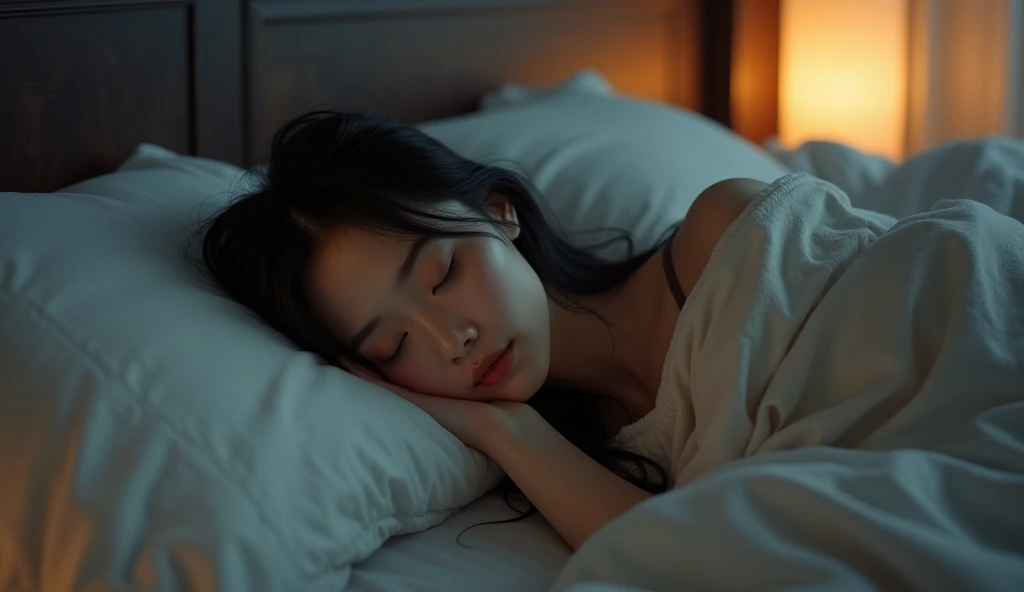 a brunet asian women wakeing up in a cozy dark bedroom