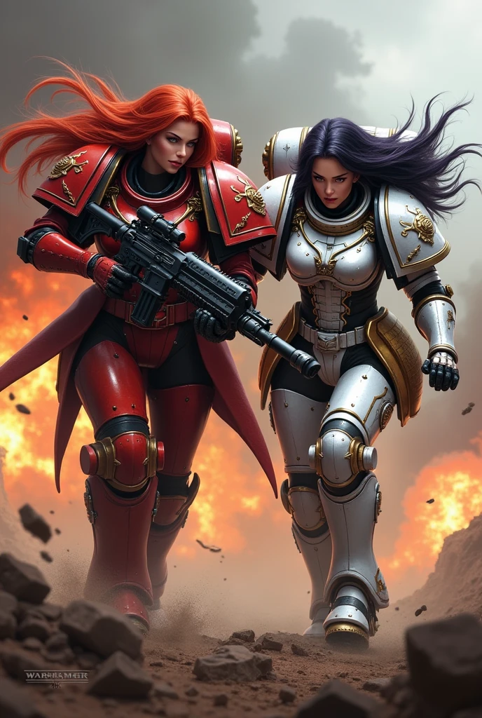 Angelina Jolie and Megan Fox sensuell looks. Cinematic medium shot of two Sisters of Battle from Warhammer 40K with the The first Sister has long red flowing hair and is wearing red space marine armor with intricate details. She is shooting at the enemy with her heavy futuristic weaponry. The second Sister has long black flowing hair with purple highlights and is wearing white space marine armor with intricate details. She is running forward with jetpacks and is ready to strike. The background is a battlefield with explosions and fire. The lighting is cinematic.