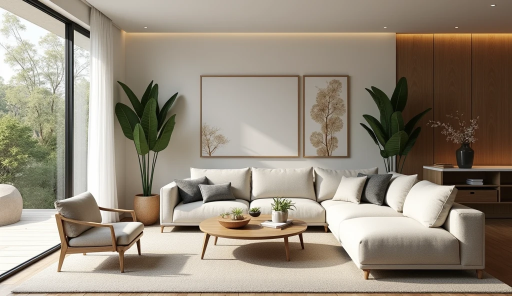 Here's your revised prompt:
"Render a sophisticated living room that embodies the Organic Modern Interior Design style, ensuring the scene looks like a photorealistic, high-quality rendering. The room should feature a neutral color palette with soft whites, warm grays, and earthy tones. Incorporate natural materials like hardwood floors and stone accents, along with minimalist furniture that has clean, sleek lines. Large windows should allow abundant natural light to flood the space, creating a seamless indoor-outdoor connection. The design should include textured fabrics like linen and wool, adding warmth and depth. Place some greenery around the room, and include nature-inspired art and decor, such as botanical prints and wooden sculptures. The overall atmosphere should be airy, open, and tranquil, with a harmonious blend of modern and organic elements, meticulously rendered to appear as lifelike and realistic as possible."