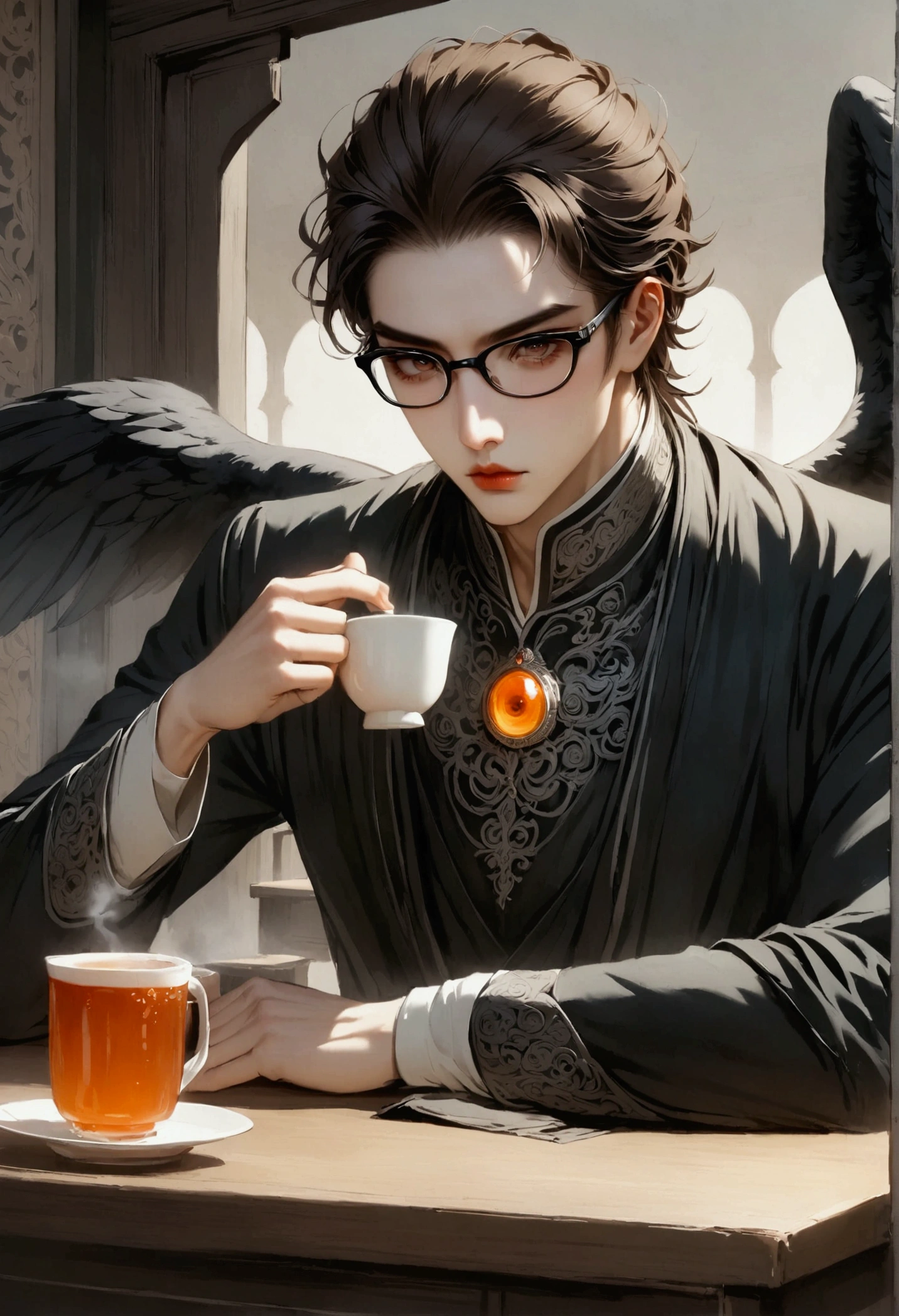 boy, , brown hair, Brown eyes, black glasses for vision, black mask, black clothes, black wings, sitting at the desk, drinks tea