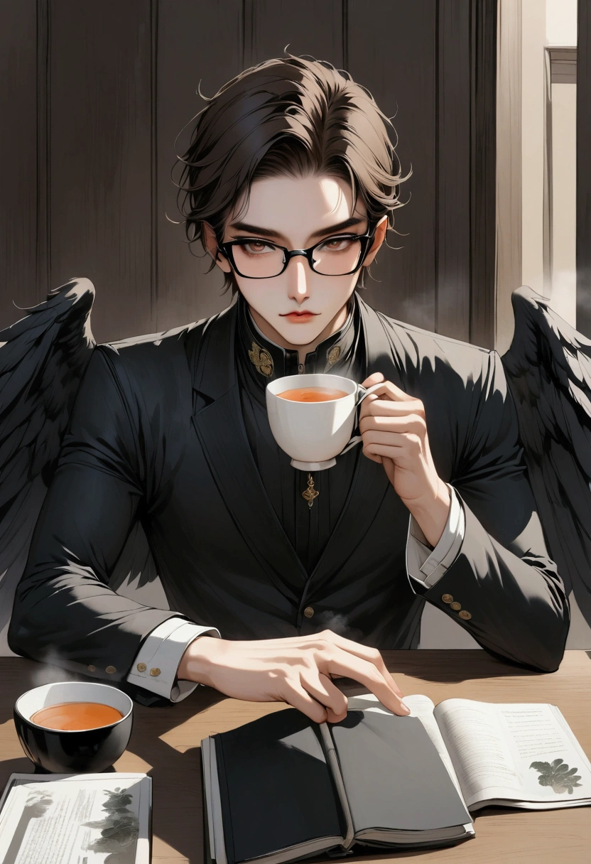 boy, , brown hair, Brown eyes, black glasses for vision, black mask, black clothes, black wings, sitting at the desk, drinks tea