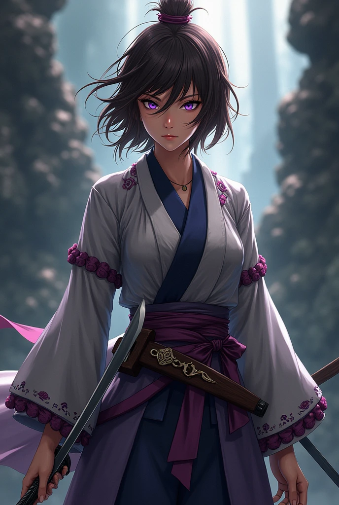 tall girl,with brown tomboy hair,purple eyes,I would be, Demon Slayer uniform and two katanas