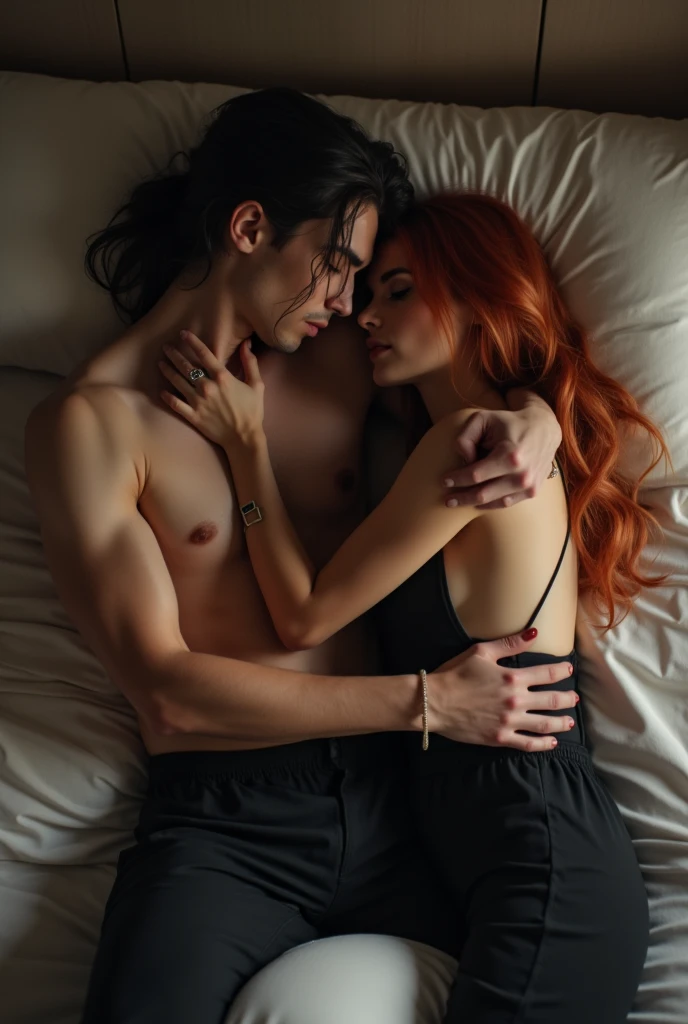 Une image reel . La scene ce passe dans une chambre .
Une jeune fille âgée de 26 ans aux cheveux mi longs rouge et lisse elle a des menottes en metal aux poignets et elle est couchée dans son lit elle commence a s'endormir
Un jeune qui avait l'air d avoir vingt ans aux cheveux longs et noir attachés en queu de cheval habillée en chemise de soie noir et pantalon noir il est musclé. Il est aupres d elle et la regarde d une manière protectrice est rassurante