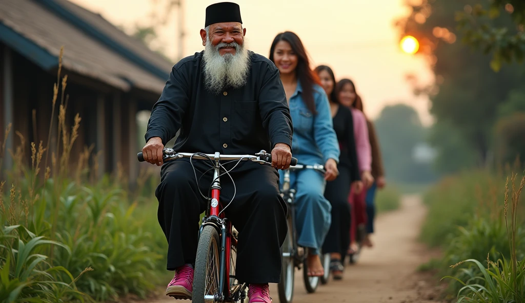 A 60 year old Indonesian man, wear a black Muslim cap, pakai jas dan dasi dan long pants, wearing leather shoes, sit down, smile riding a bike while carrying 4 beautiful Indonesian women, his body is quite fat, fair skin, big nose, long wavy hair, wearing a denim jacket, long pants, wearing pink sneakers, sit down, happy face facing the camera, in front of the country house, evening atmosphere, minimal defects, very detail, realistic, 8K picture