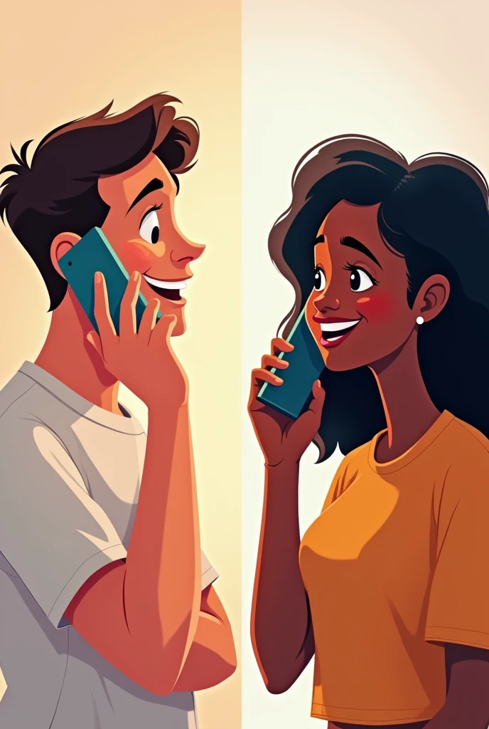 Create an animated image, which on one side has a man talking happily on the phone, looking away, and on the other side a girl with dark skin, with loose hair, and a friendly smile talking on the phone, looking away