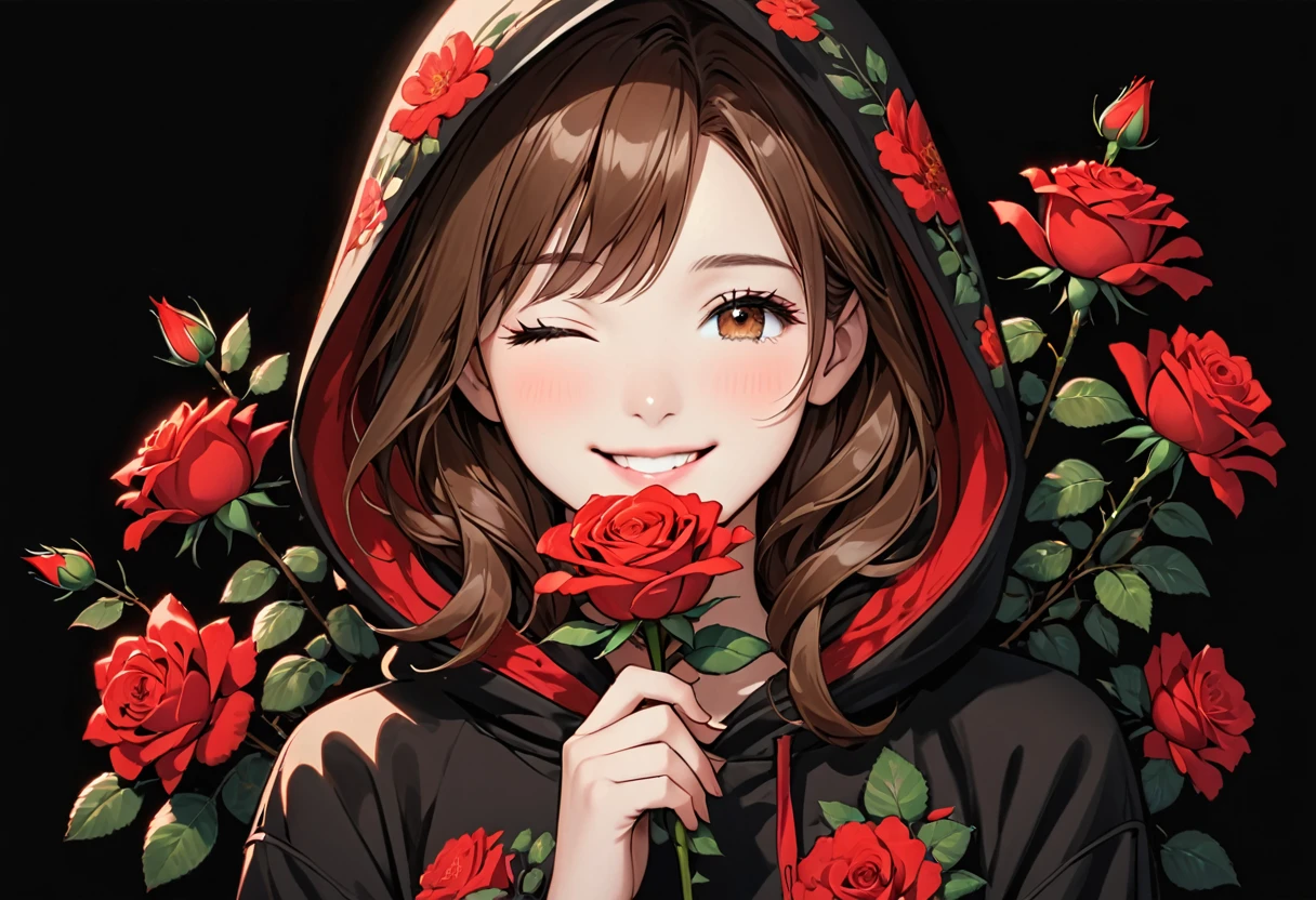girl with Black hoodie holding a red rose with beautiful eyes and face, 1girl, solo, hood, flower, holding flower, brown hair, rose, one eye closed, looking at viewer, black background, holding, long hair, hoodie, simple background, upper body, long sleeves, smile, brown eyes, red flower