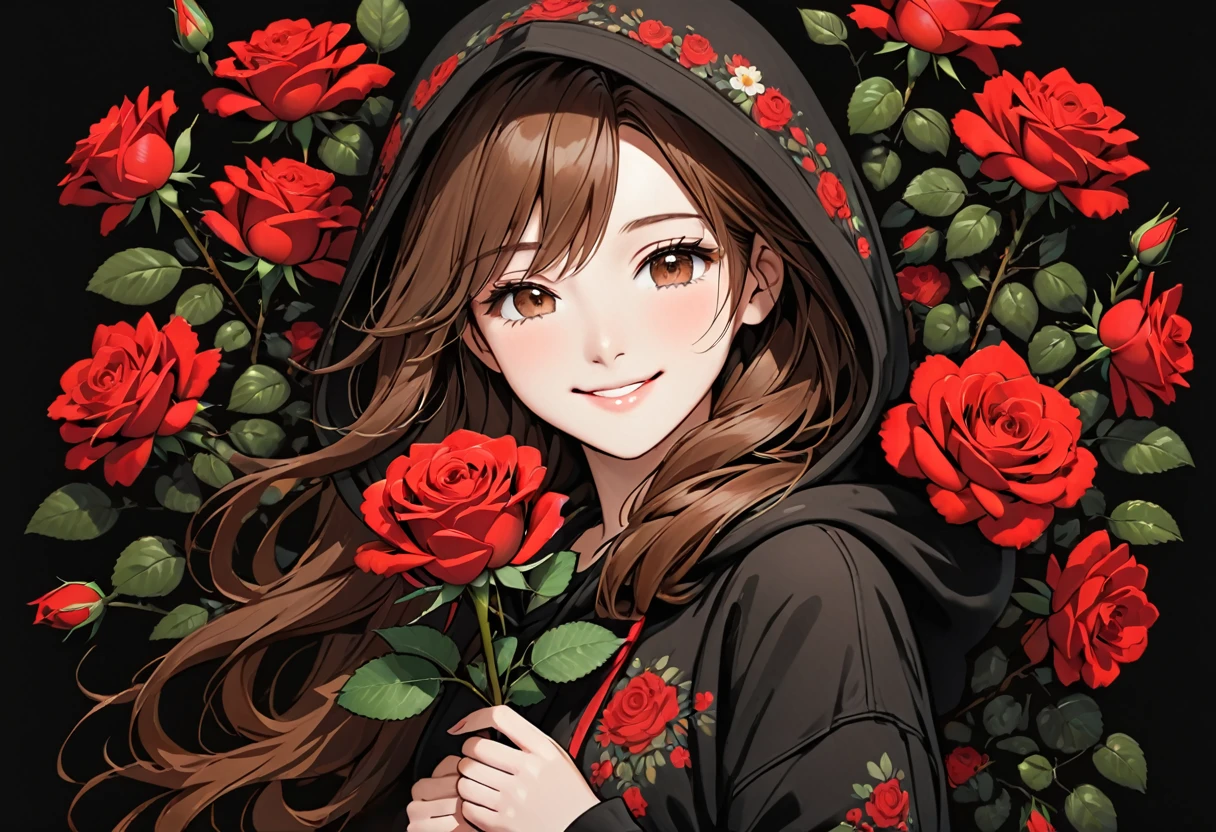 girl with Black hoodie holding a red rose with beautiful eyes and face, 1girl, solo, hood, flower, holding flower, brown hair, rose, one eye closed, looking at viewer, black background, holding, long hair, hoodie, simple background, upper body, long sleeves, smile, brown eyes, red flower