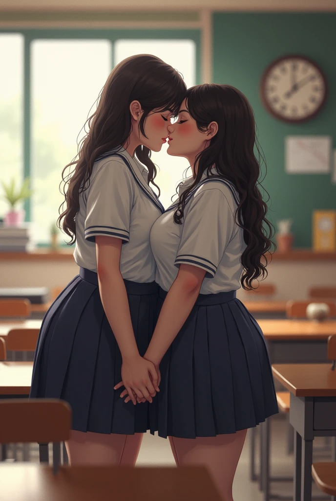 2nd student, lesbian, schoolgirl outfit, Chest size 106cm, kissing Panas, overweight, plus size model, Panas, class room