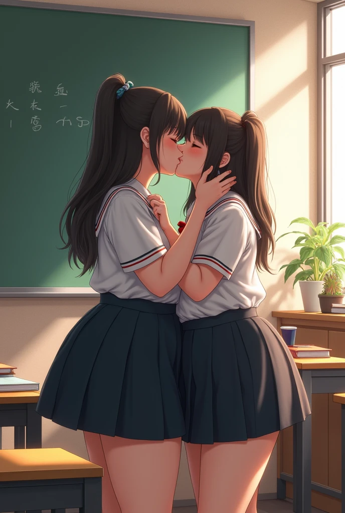 2nd student, lesbian, schoolgirl outfit, Chest size 106cm, kissing Panas, overweight, plus size model, Panas, class room