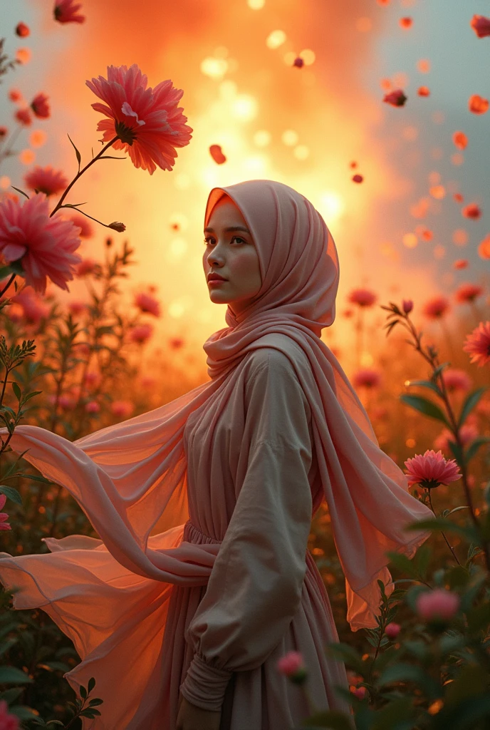 a beautiful malay young woman in hijab, is standing with large flower explosion in the background, flower petal flying in the air, in the style of midsommar, fanciful, natural landscape , dreamlike imagery, captivating documentary photos, flowing fabrics, disintegrated, intricate --ar 146:79 --v 5.1 --style raw