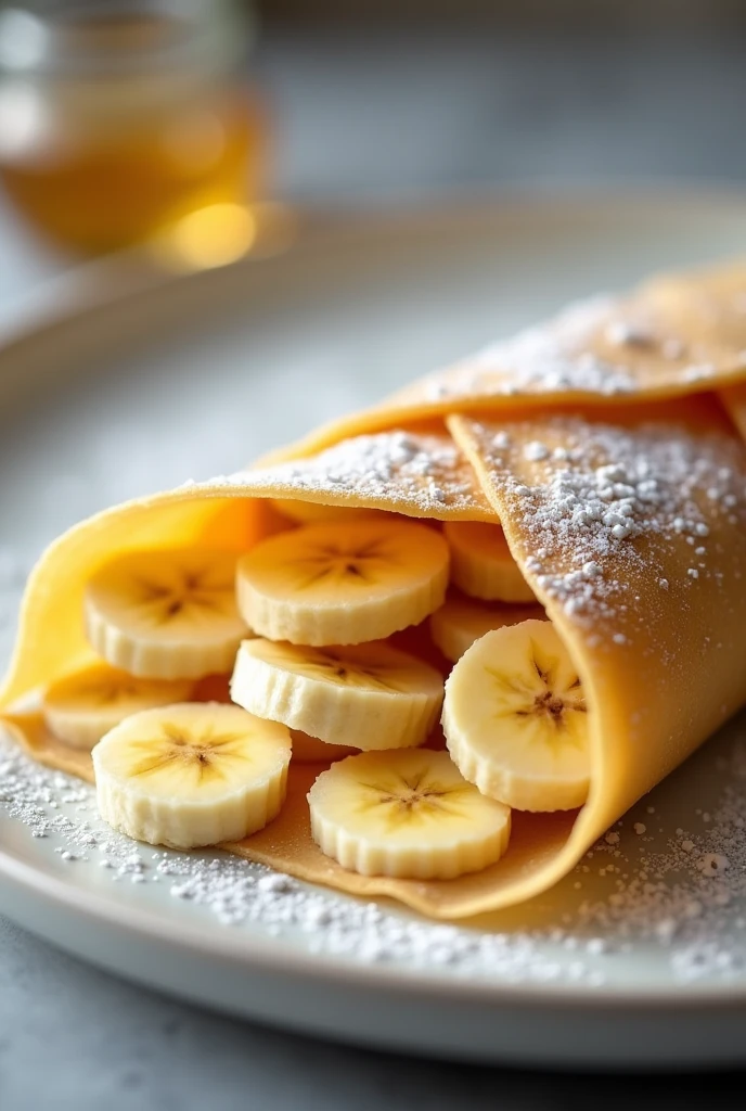 a crepe with banana inside and the banana is cut into small cubes


