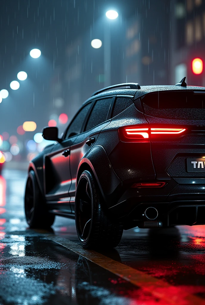 (photorealism:1.2), glossy black tata harrier with wide body kit at night in rain