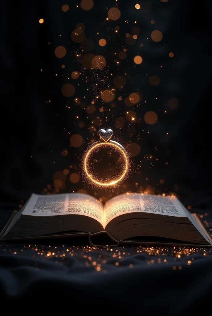 (bookcover) black background, sparkles, floating couple wedding ring
