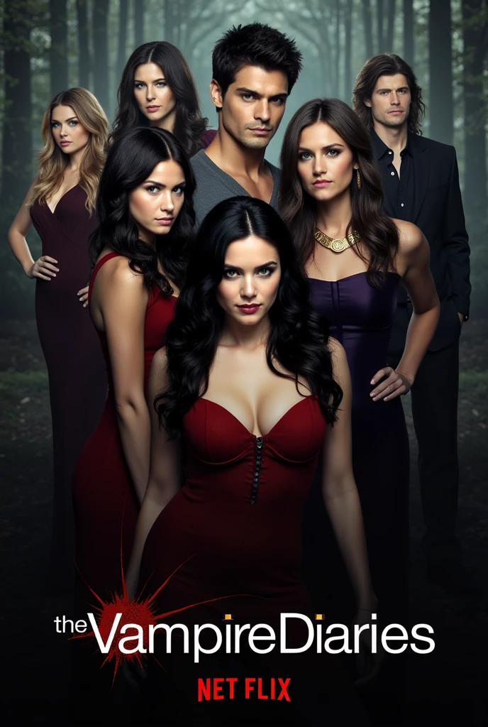 Un image pour la saison 8 de thés Vampire Diaries avec en premier plan Elena Gilbert et Rebekah Miaekelson. Derrière Rebekah un homme métisse, au cheveux comme Yamine Lamal le footballeur espagnol, he has green eyes. Derrière Rebekah il y a Damon. Behind we can see Bonnie, Caroline and Klaus.