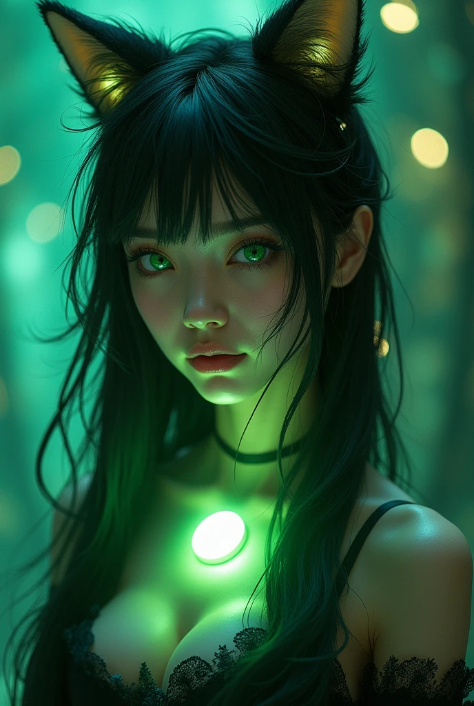 nsfw,(RAW photo, best quality),(realistic, photo-realistic:1.3),best quality,highly detailed,masterpiece,ultra-detailed,illustration,1girl,upper_body,dynamic angle,world masterpiece theater,messy_long_hair,best quality,extremely detailed CG unity 8k wallpaper,ink,Amazing,cinematic lighting,lens_flare,dunhuang_style, glowing LED power switch under her collarbone, realistic cat ears, green eyes