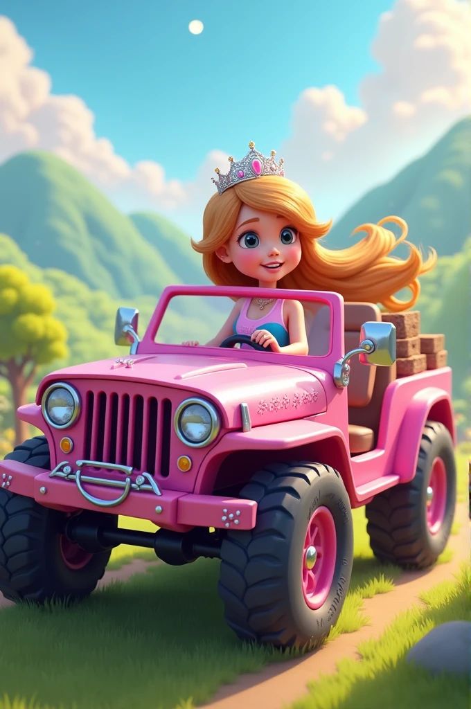 Pink jeep with a princess girl inside