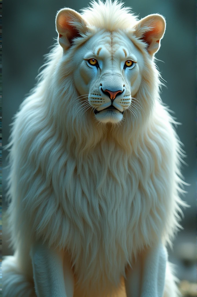 Human-like lioness with long, straight platinum blonde hair