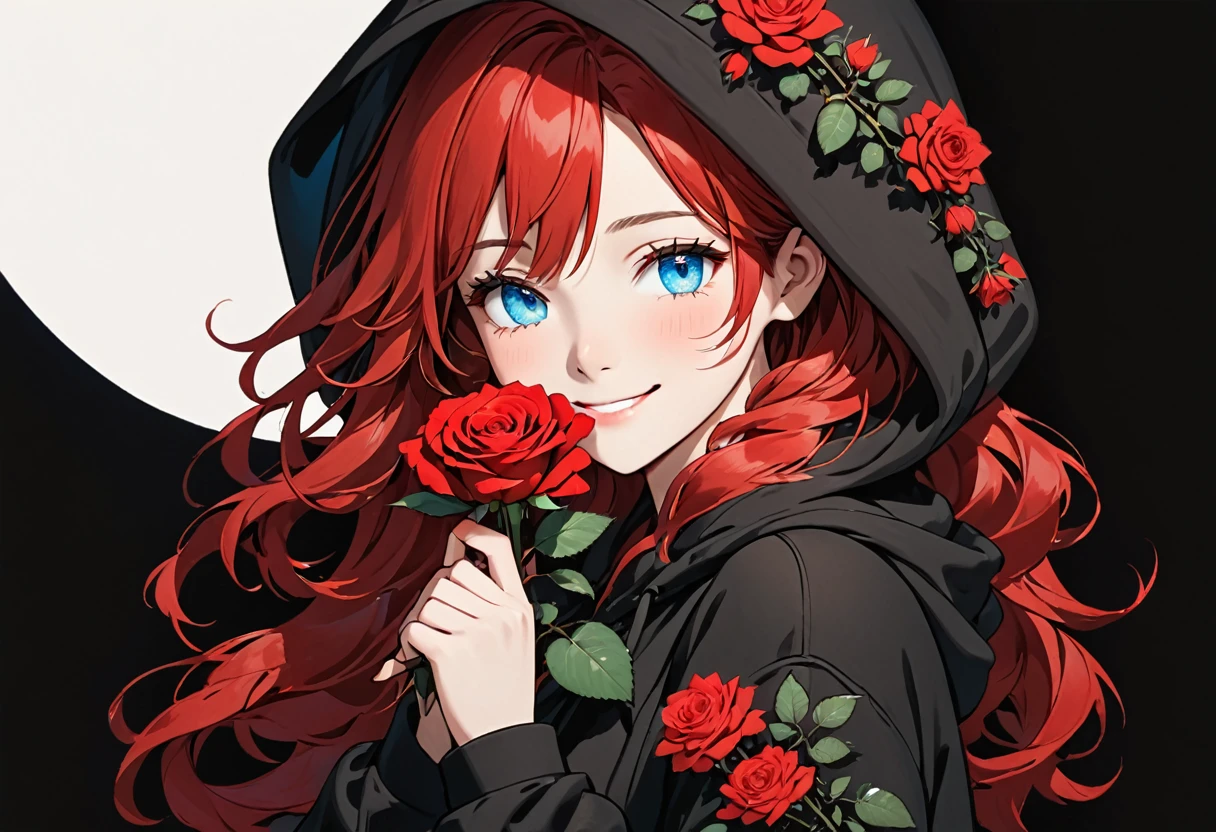 girl with Black hoodie holding a red rose with beautiful eyes and face, 1girl, solo, hood, flower, holding flower, red hair, rose, one eye closed, looking at viewer, black background, holding, long hair, hoodie, simple background, upper body, long sleeves, smile, Blue eyes, red flower