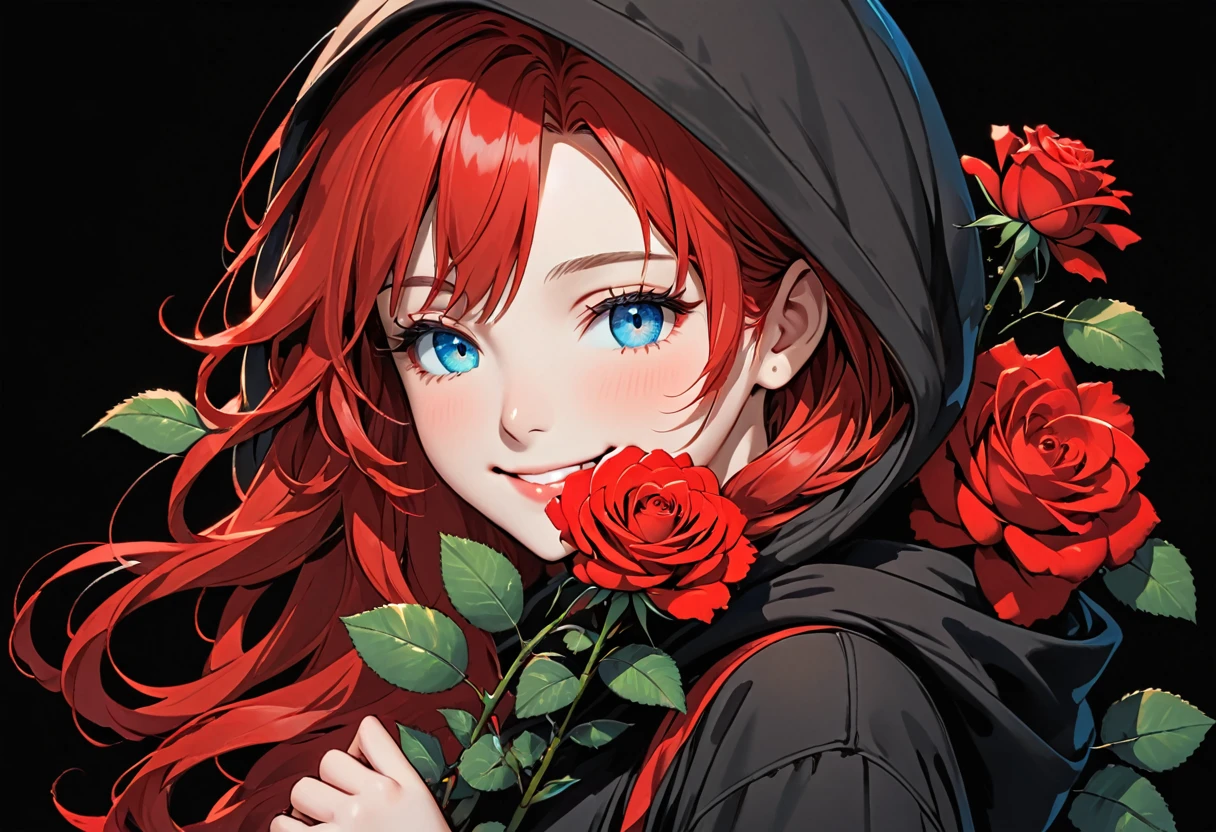 girl with Black hoodie holding a red rose with beautiful eyes and face, 1girl, solo, hood, flower, holding flower, red hair, rose, one eye closed, looking at viewer, black background, holding, long hair, hoodie, simple background, upper body, long sleeves, smile, Blue eyes, red flower