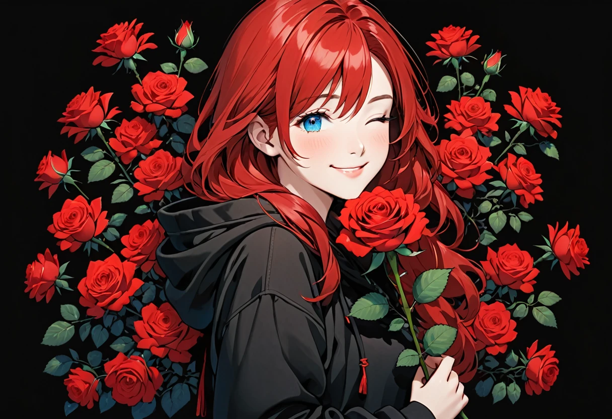 girl with Black hoodie holding a red rose with beautiful eyes and face, 1girl, solo, hood, flower, holding flower, red hair, rose, one eye closed, looking at viewer, black background, holding, long hair, hoodie, simple background, upper body, long sleeves, smile, Blue eyes, red flower
