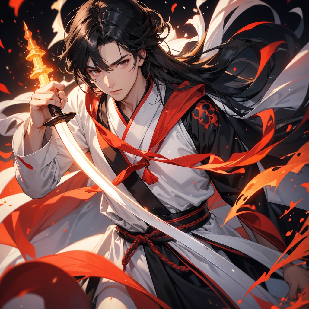 A Handsome black-hair male holding a large sword in white hanfu dress, Background is a volcano, lava erupting red, close up.