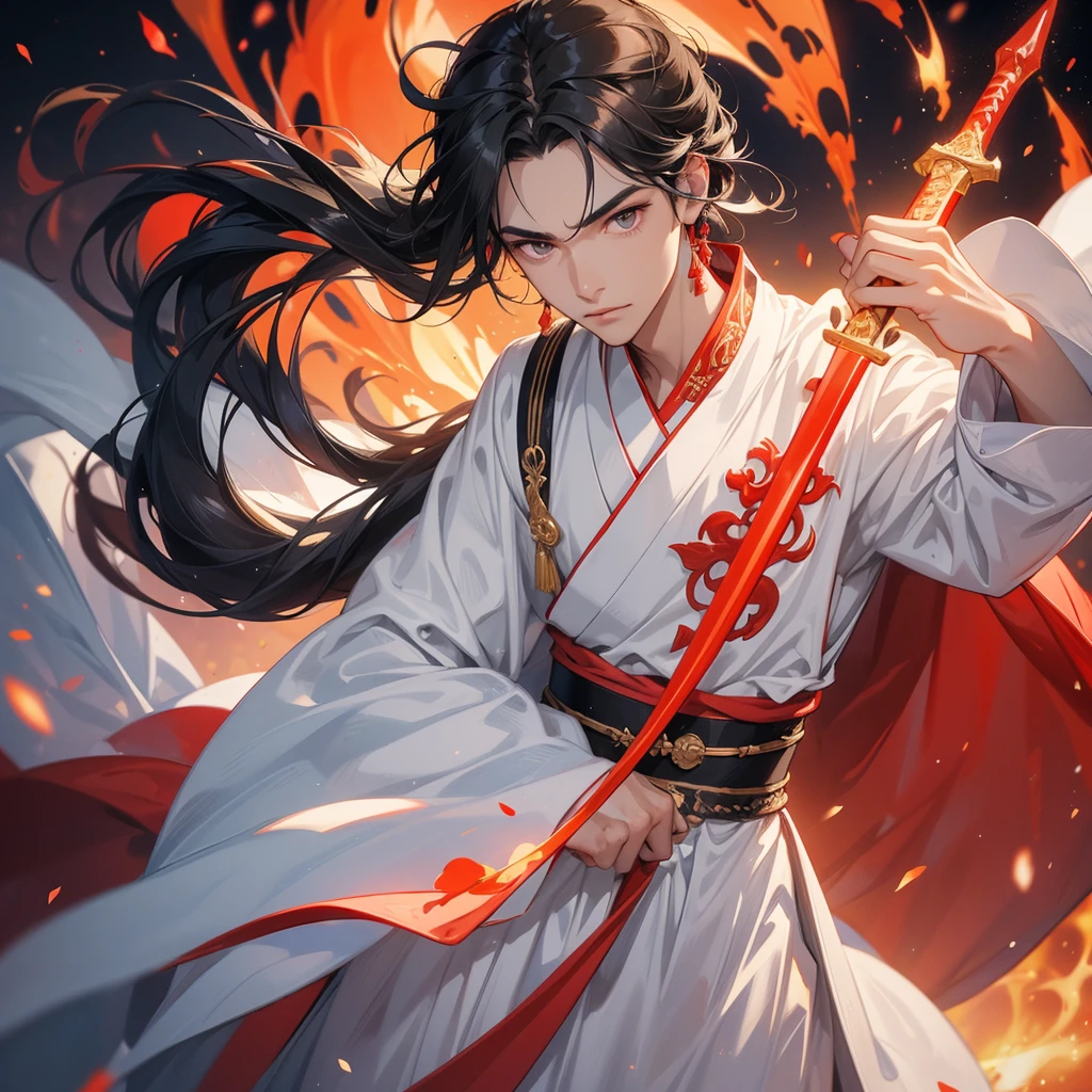 A Handsome black-hair male holding a large sword in white hanfu dress, Background is a volcano, lava erupting red, close up.