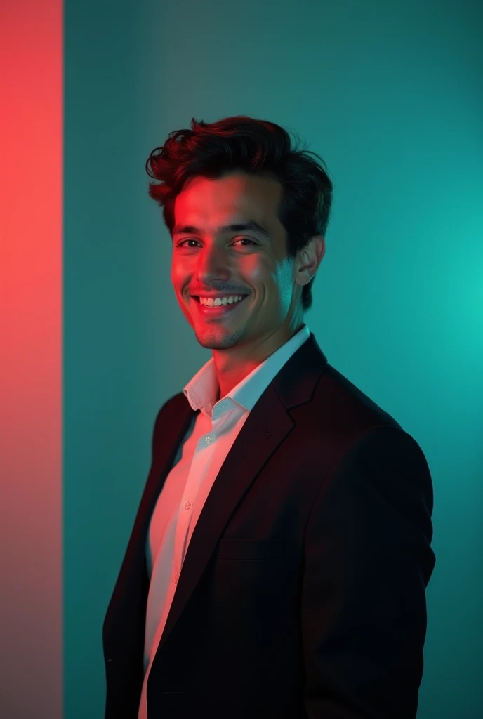 +
A young man with dark hair and a confident smile. He is dressed in a black blazer over a white shirt. The man is positioned against aqua colour backdrop with a subtle red lighting on the left side. and he posing for Linkedin profile