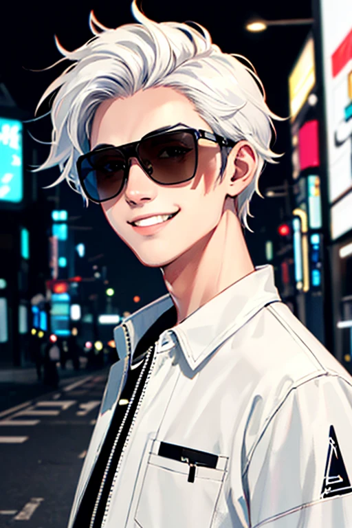 ((masterpiece)), (((best quality))), chromatic lighting,
colorized, white + black limited color palette, 
detailed concept drawing,
Shibuya street fashion, no weird object on his face, cyberpunk, futuristic
portrait, 20yo 1guy, slender, sunglasses, short white hair, black eyes, smiling