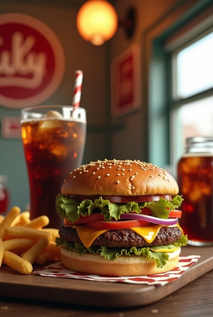 Family soda named EVY ,with a welcoming atmosphere, delicious, a married man becomes famous, a big hamburger and a cold coke.