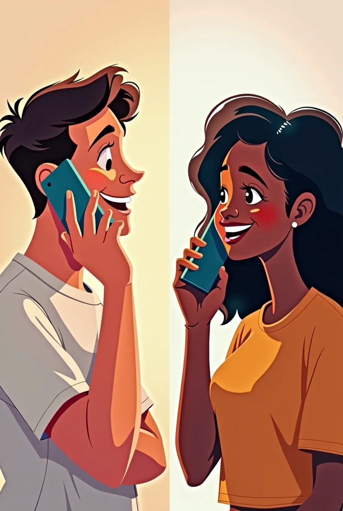 Create an animated image, which on one side has a man talking happily on the phone, looking away, and on the other side a girl with dark skin, with loose hair, and a friendly smile talking on the phone, looking away