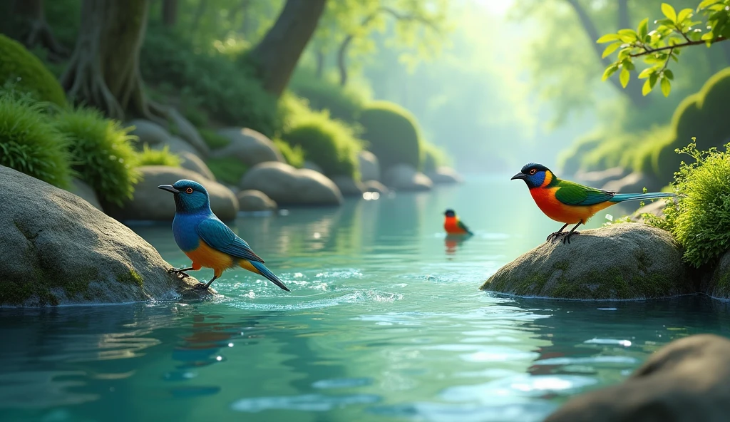 flowing river water, moss attached to rocks, beautiful birds 