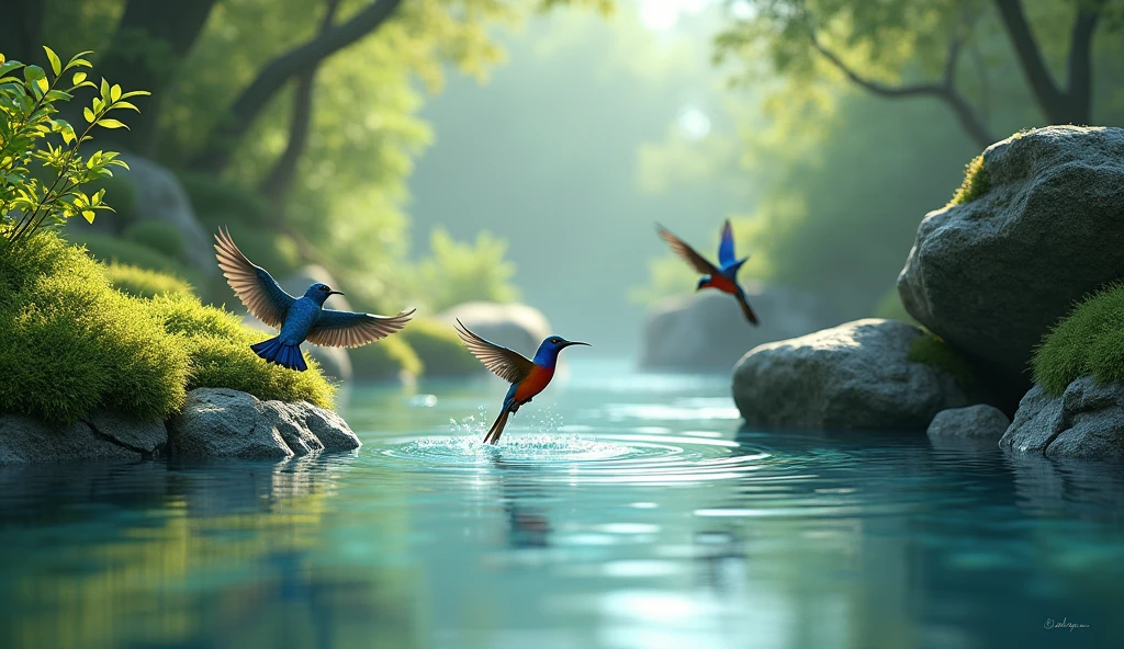 flowing river water, moss attached to rocks, beautiful birds