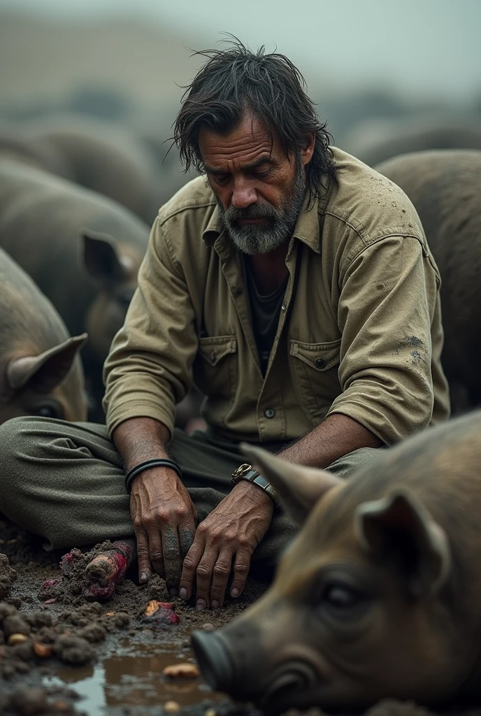 DIRTY MAN WITH TORN CLOTHES,SITTING IN THE MUD,NEXT TO SEVERAL PIGS EATING THE PIG BREED,