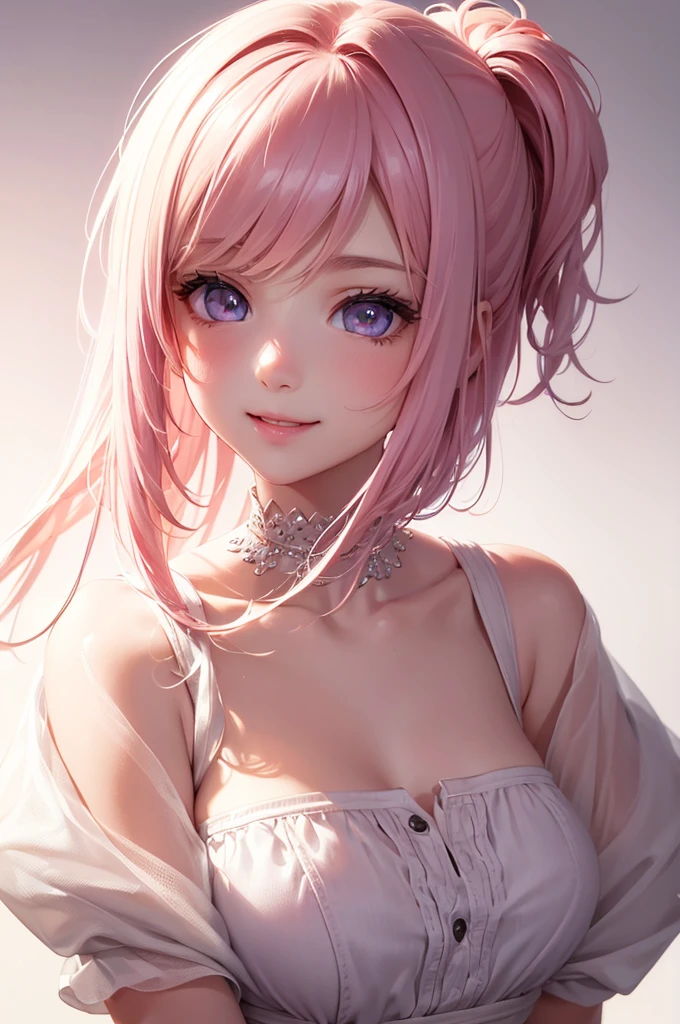 Best Quality,High resolution,8k,(plain white background, no patterns, no textures, just a plain white background:1.3),Masterpiece:1.2),beautiful girl,(focus face),Shiny pink hair,messy hair,Beautiful pink eyes,Black jersey,Gentle look,A refreshing look,smile,Best quality,Best Quality,Aesthetic and aesthetic:1.2,Best details((Super detailed))(High-definition CG illustrations),Slender body,smile,blush,cute,Scrounge,Looking up,Being spoiled,super model