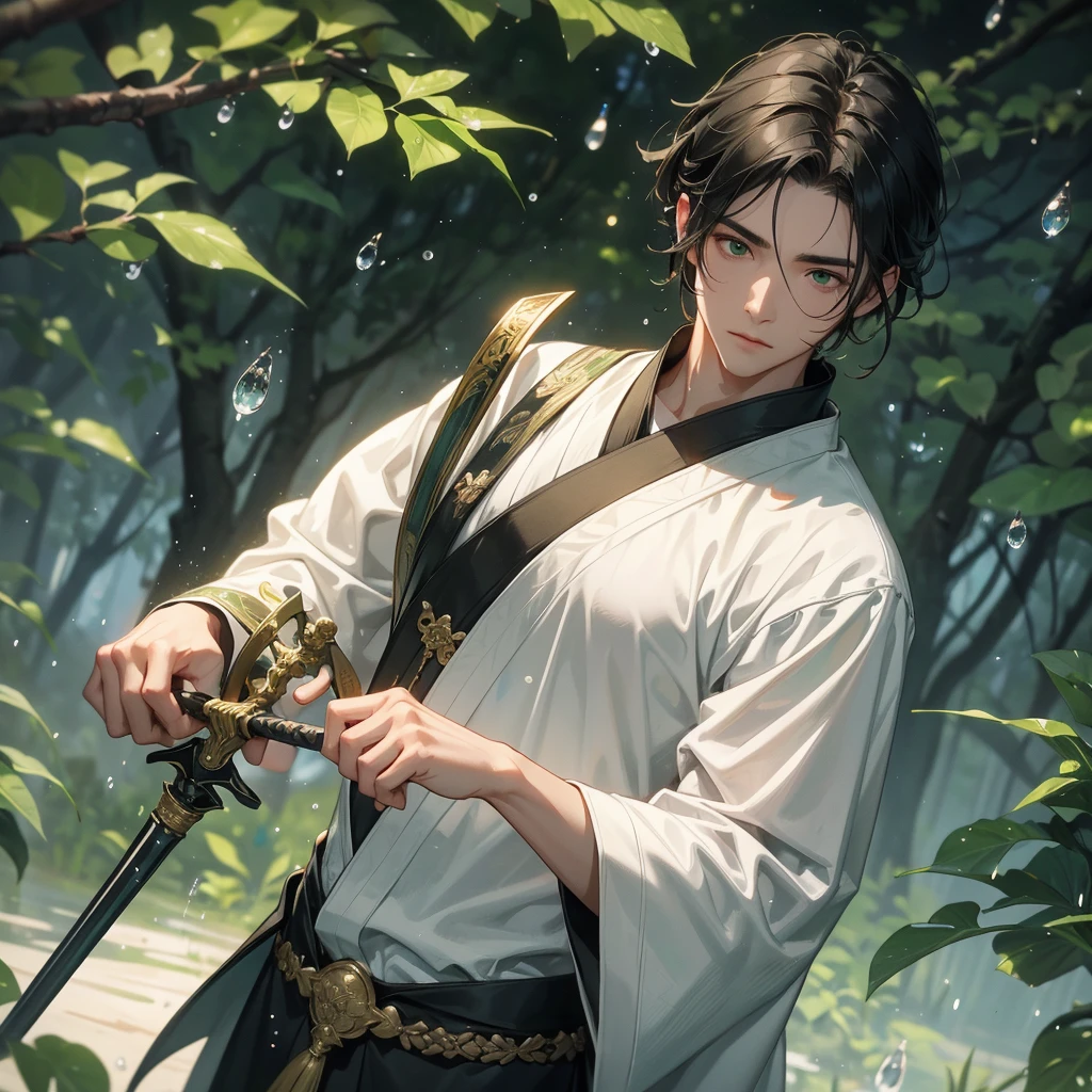 A Handsome black-hair male holding a large sword in white hanfu dress, Background is trees, vegetables, lush green, with water drops after rain, with water droplets everywhere, green, close up.