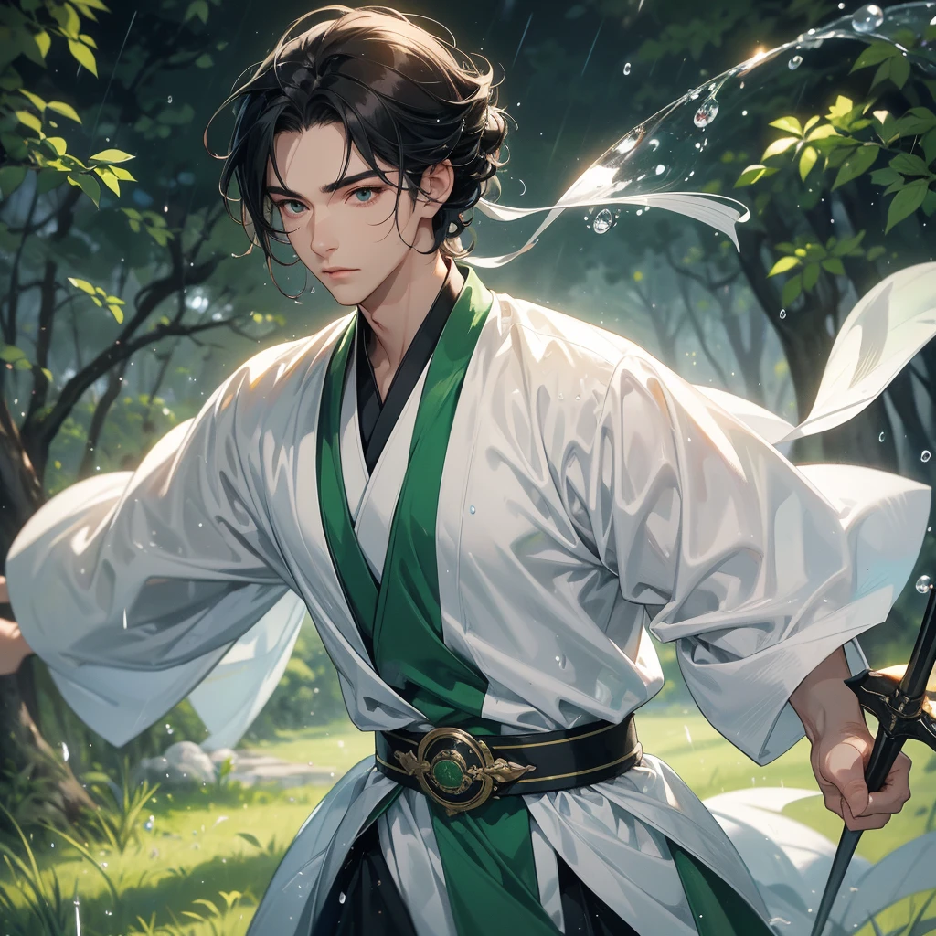 A Handsome black-hair male holding a large sword in white hanfu dress, Background is trees, vegetables, lush green, with water drops after rain, with water droplets everywhere, green, close up.