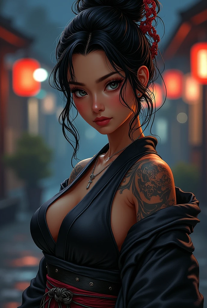 ((21-year-old))) black girl, (((very dark african skin))),  (((close up pov full body portrait, sitting spreading her legs open, sexy seductive slutty pose, ((accentuated super huge enormously gigantic nude tits, cleavage showing, wearing highly detailed and beautiful kimono))), (((very long wavy curly blonde hair in a ponytail))), (((tattoo sleeves and piercings))), lots of african tribal tattoo sleeves, dark fantasy art, post apocalyptic art, Rich, Deep Colours, (intricate details:0.9), (HDR, hyper-detailing:1.2), (natural dark african skin textures, hyper realisitc, anime realistic, light, Sharp), luxurious Japanese bedroom background 