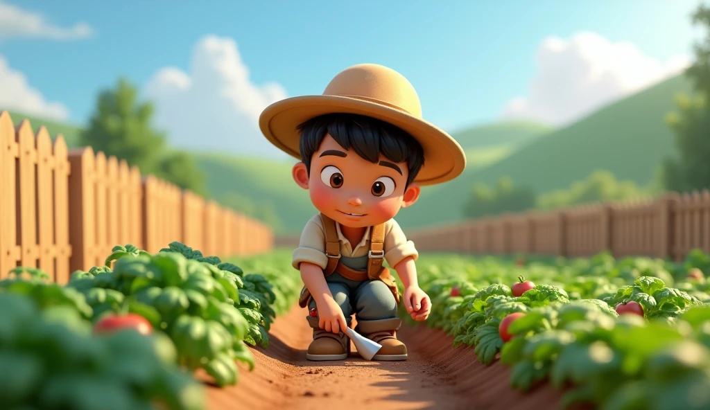 Ali is the youngest brother, hardworking and diligent, tending to his well-kept vegetable garden. Cartoon 3d image 