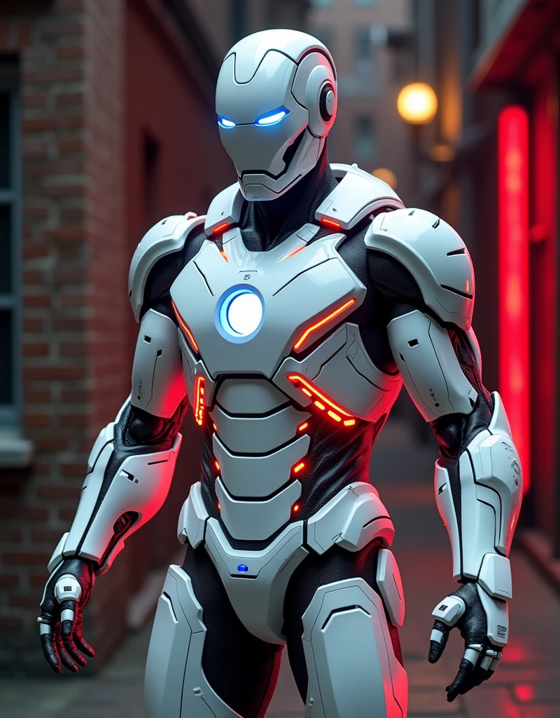 Here’s a detailed point-wise description of the image:

1. **Armor Design**: The figure is wearing a futuristic, high-tech suit of armor that closely resembles a modernized version of Iron Man's suit. The armor is sleek with a smooth, glossy and features intricate paneling and patterns throughout the body.

2. **Color Scheme**: The primary color of the armor is a deep, glossy white, giving it a stealthy and ominous appearance. It is accented with neon red lines and highlights that run across the body, enhancing its modern and high-tech look. The red accents are glowing, adding a sense of energy and power.

3. **Helmet**: The helmet covers the entire head and has a streamlined design. The faceplate is smooth with a T-shaped visor. The eyes are glowing blue, giving the figure an intense and focused expression. The helmet integrates seamlessly with the rest of the suit.

4. **Chest Area**: The chest piece is slightly raised with a central glowing arc reactor, which is a signature element of Iron Man's suit. The arc reactor emits a blue light and is surrounded by more red glowing patterns.

5. **Arm and Shoulder Details**: The arms of the suit are muscular and defined, with additional glowing red accents along the biceps, forearms, and shoulders. The forearms have what appear to be energy conduits or weaponry, further enhancing the combat-ready appearance of the suit.

6. **Lighting Effects**: The red highlights and glowing elements are especially vivid against the dark background, creating a stark contrast. The lighting emphasizes the sleekness of the armor and gives the image a cyberpunk, futuristic vibe.

7. **Background**: The background is blurred but suggests an urban setting with a rough, industrial feel. There is a brick wall immediately behind the figure, with dim ambient lighting, which could indicate an alley or side street in a city at night. There is a subtle red glow reflecting off the wall, possibly from the suit's glowing elements.

8. **Pose**: The figu