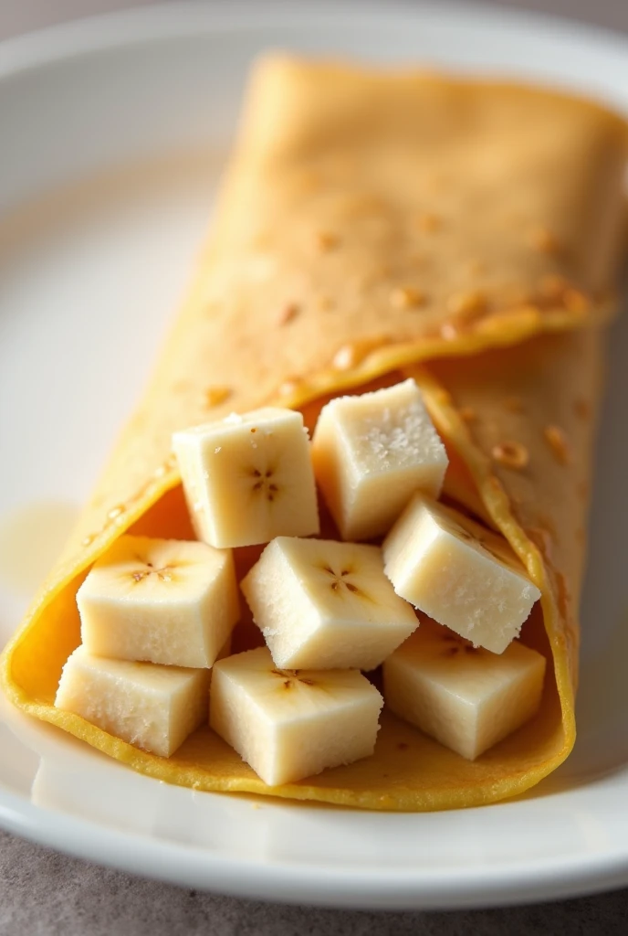 a crepe with banana inside and the banana is cut into cubes