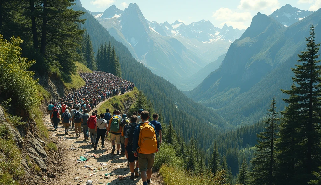 a similar picture showing how tourists overcrowd and pollute a hiking trail in the mountains
