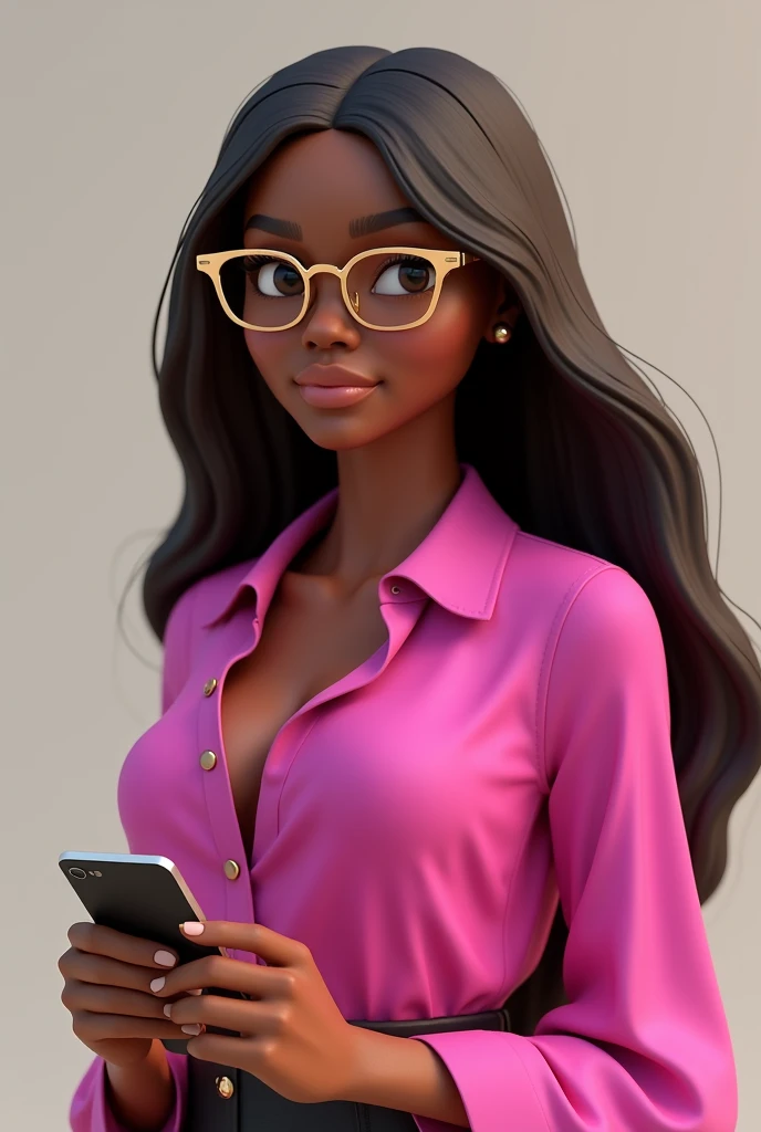 Create a 3D style black woman, with long straight brown hair, Round face, with golden glasses, dressed in a pink blouse and holding a cell phone