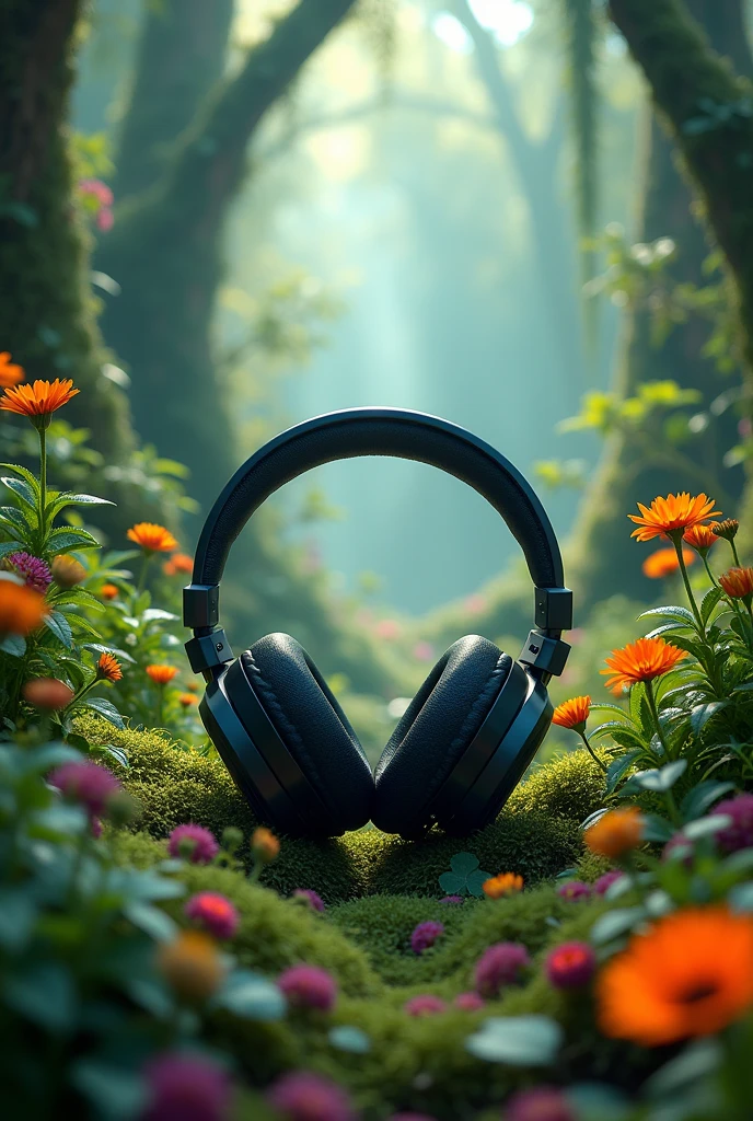 Beat gaming headphones with Green Plants and Flowers grabbing you in the middle of an Enchanted Forest, with a streetwear-style background, ultra detailed, realistic, --AR 4:5 --V 6.1