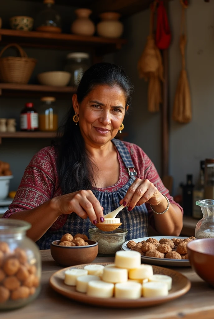 I need you to generate a very realistic image of a lady around 40 to 50 years old of Nicaraguan nationality who is dedicated to preparing traditional Nicaraguan sweets and who is making, for example, coconut cajeta., milk candy among other sweets from Nicaragua