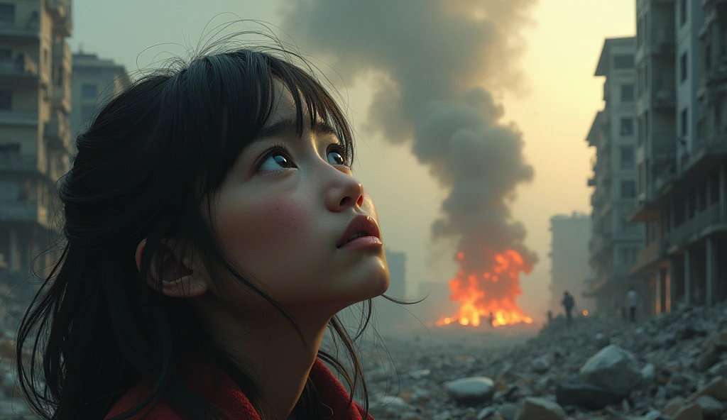 2024; (masterpiece, best quality) destroyed city (Hanói)1sad girl looking up(close-up); bombs falling from the sky.