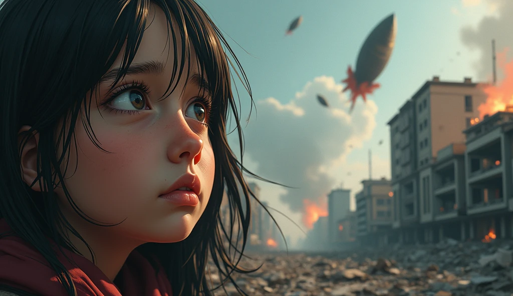 2024; (masterpiece, best quality) destroyed city (Hanói)1sad girl looking up(close-up); bombs falling from the sky.