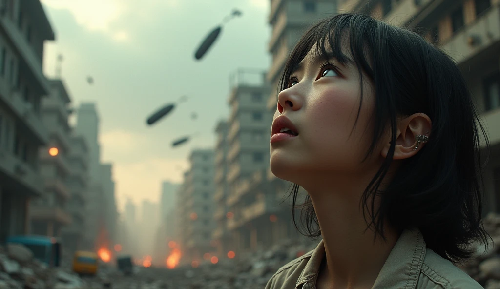 2024; (masterpiece, best quality) destroyed city (Hanói)1sad girl looking up(close-up); bombs falling from the sky.