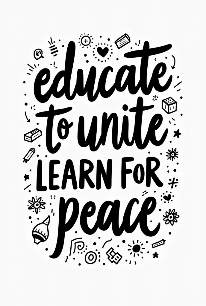 Educate to Unite, Learn for Peace slogan doodle drawing black and white only text with designs put a random related drawings
Make it a vector